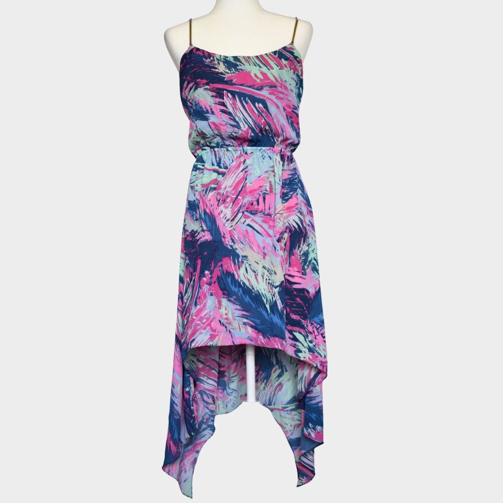 BCBGMAXAZRIA Michelle High Low Abstract Dress S Pink Blue Handkerchief